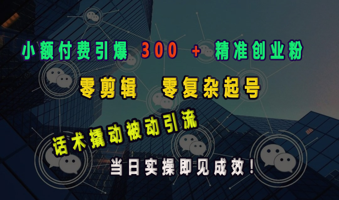 小额付费引爆 300 + 精准创业粉，零剪辑、零复杂起号，话术撬动被动引流，当日实操即见成效！-智创资源网